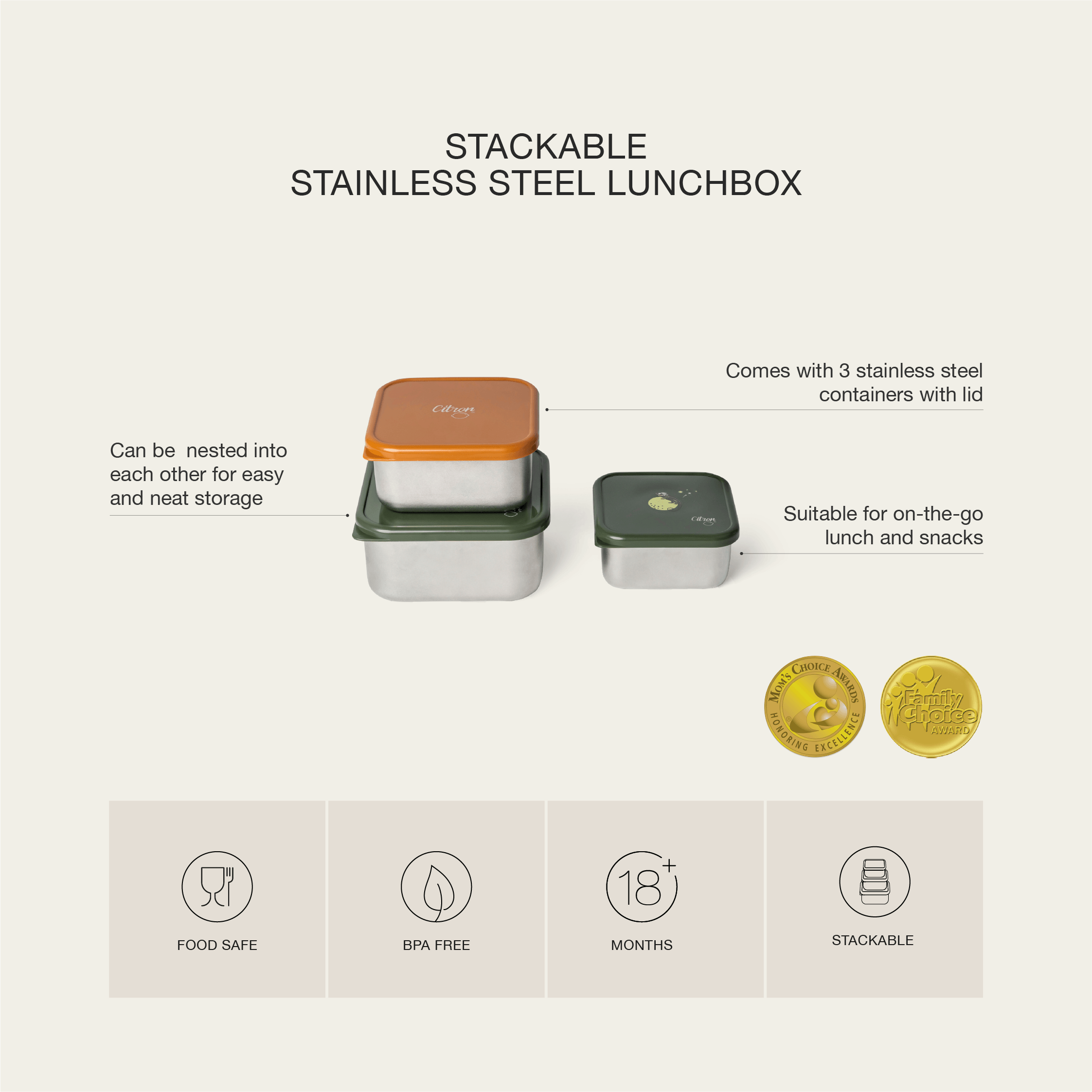 Citron Stackable Stainless steel Lunchbox Set of 3 | The Nest Attachment Parenting Hub