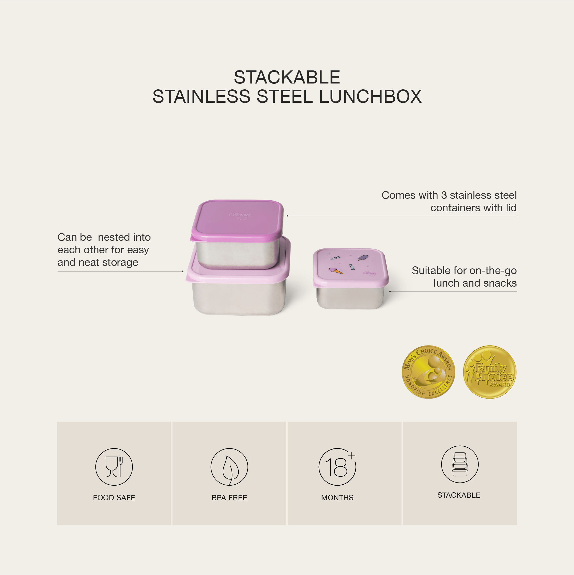 Citron Stackable Stainless steel Lunchbox Set of 3 | The Nest Attachment Parenting Hub