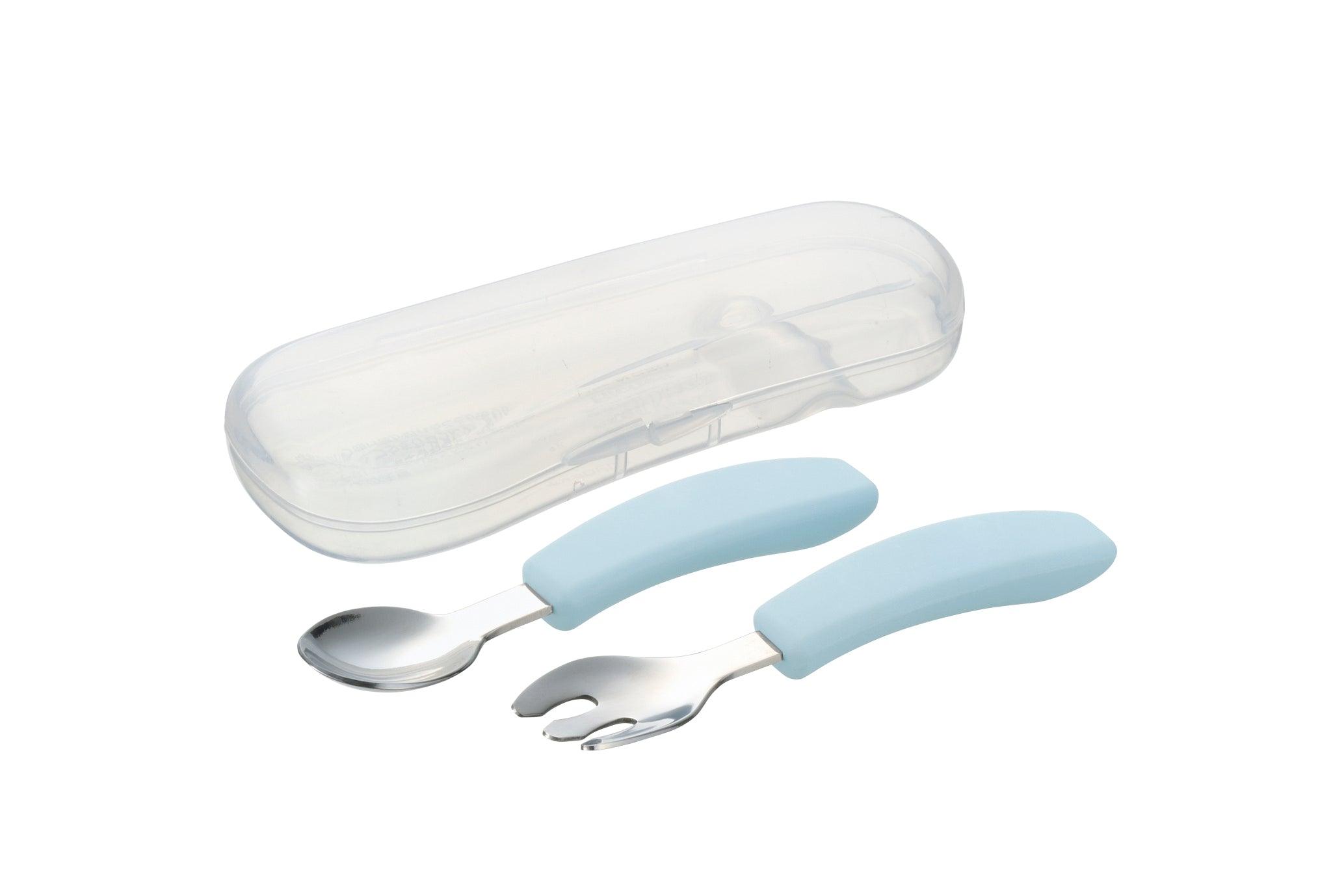 Richell TLI Stainless Steel Easy Grip Spoon & Fork w/ Case 7m+ | The Nest Attachment Parenting Hub