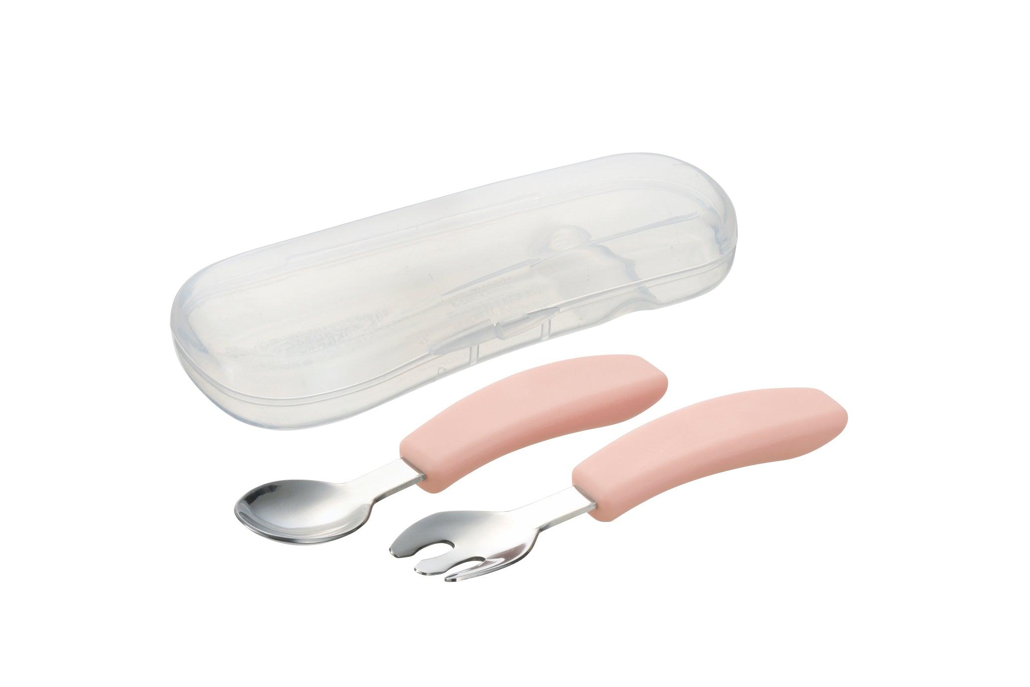 Richell TLI Stainless Steel Easy Grip Spoon & Fork w/ Case 7m+ | The Nest Attachment Parenting Hub
