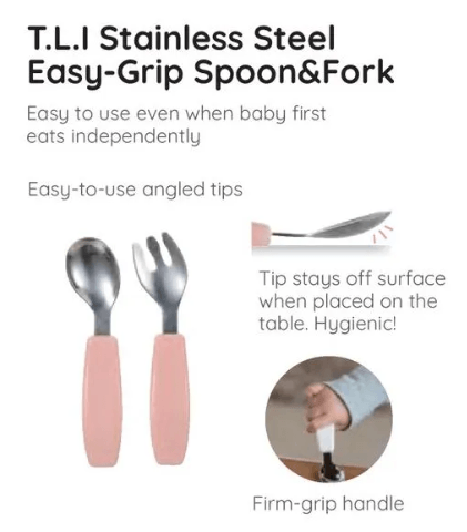 Richell TLI Stainless Steel Easy Grip Spoon & Fork w/ Case 7m+ | The Nest Attachment Parenting Hub
