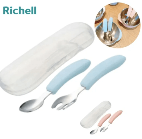 Richell TLI Stainless Steel Easy Grip Spoon & Fork w/ Case 7m+ | The Nest Attachment Parenting Hub