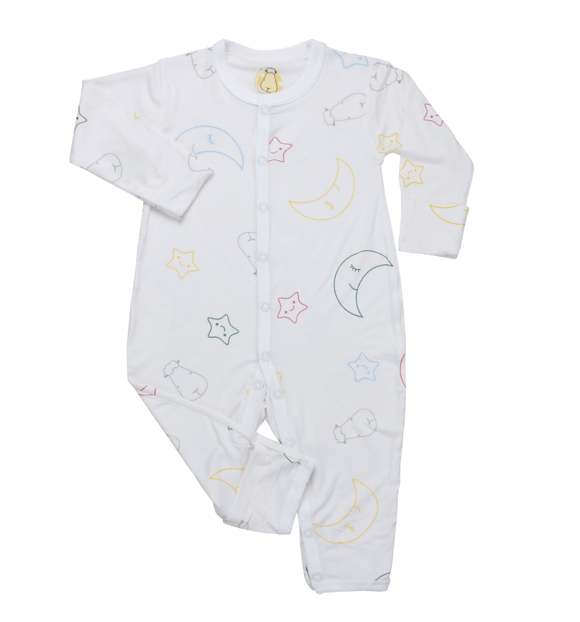 Baa Baa Sheepz Button Long Sleeve Romper - White Colourful Moon Star | The Nest Attachment Parenting Hub