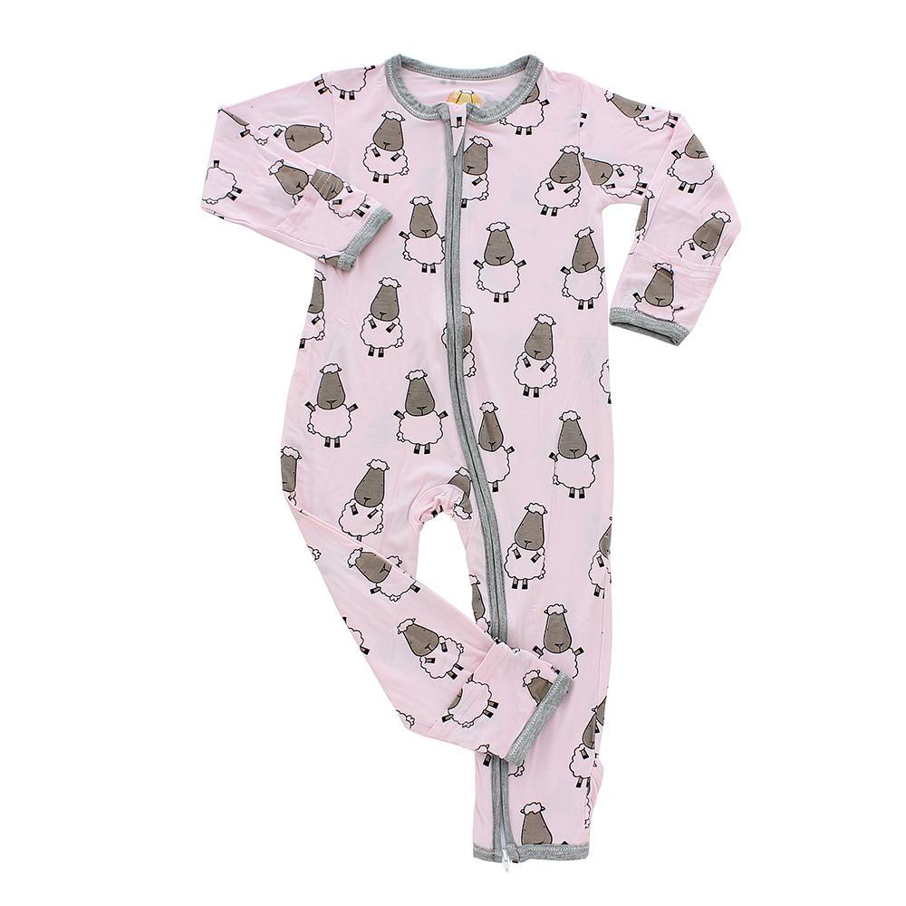 Baa Baa Sheepz Zip Long Sleeve Romper - Pink Big Sheep w/ Gray Border | The Nest Attachment Parenting Hub