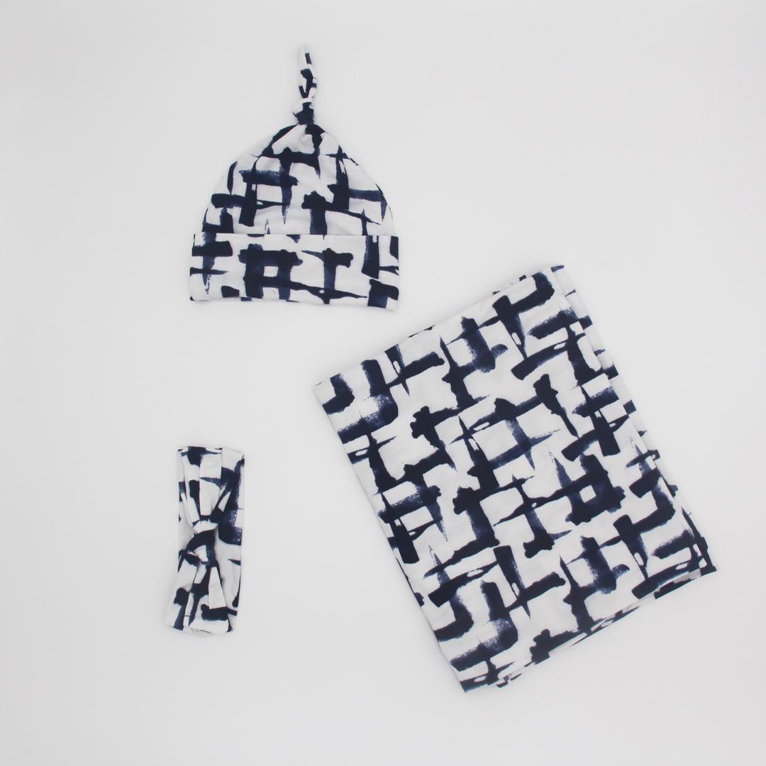 Little K Bamboo Swaddle Set Blue Abstract | The Nest Attachment Parenting Hub