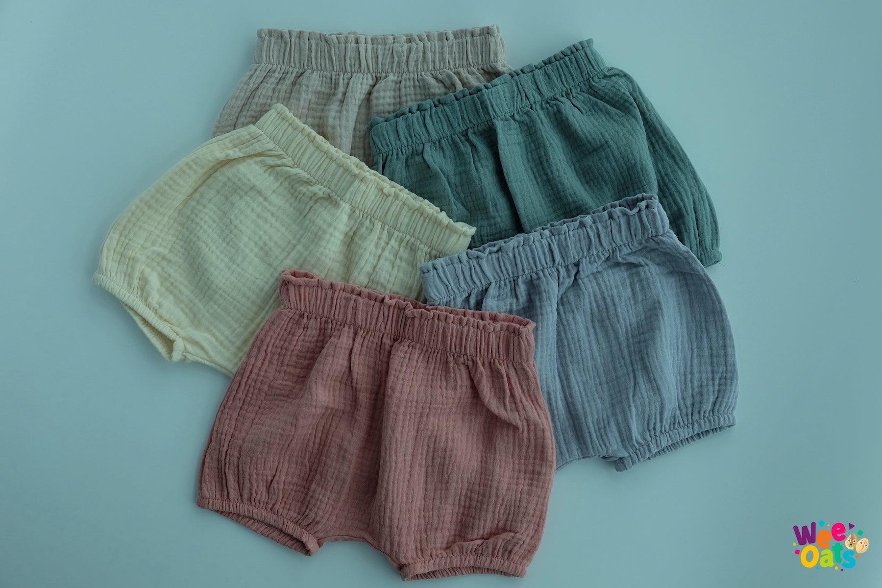 Wee Oats Cracker 100% Organic Cotton Muslin Unisex Summer Cuffed Shorts | The Nest Attachment Parenting Hub