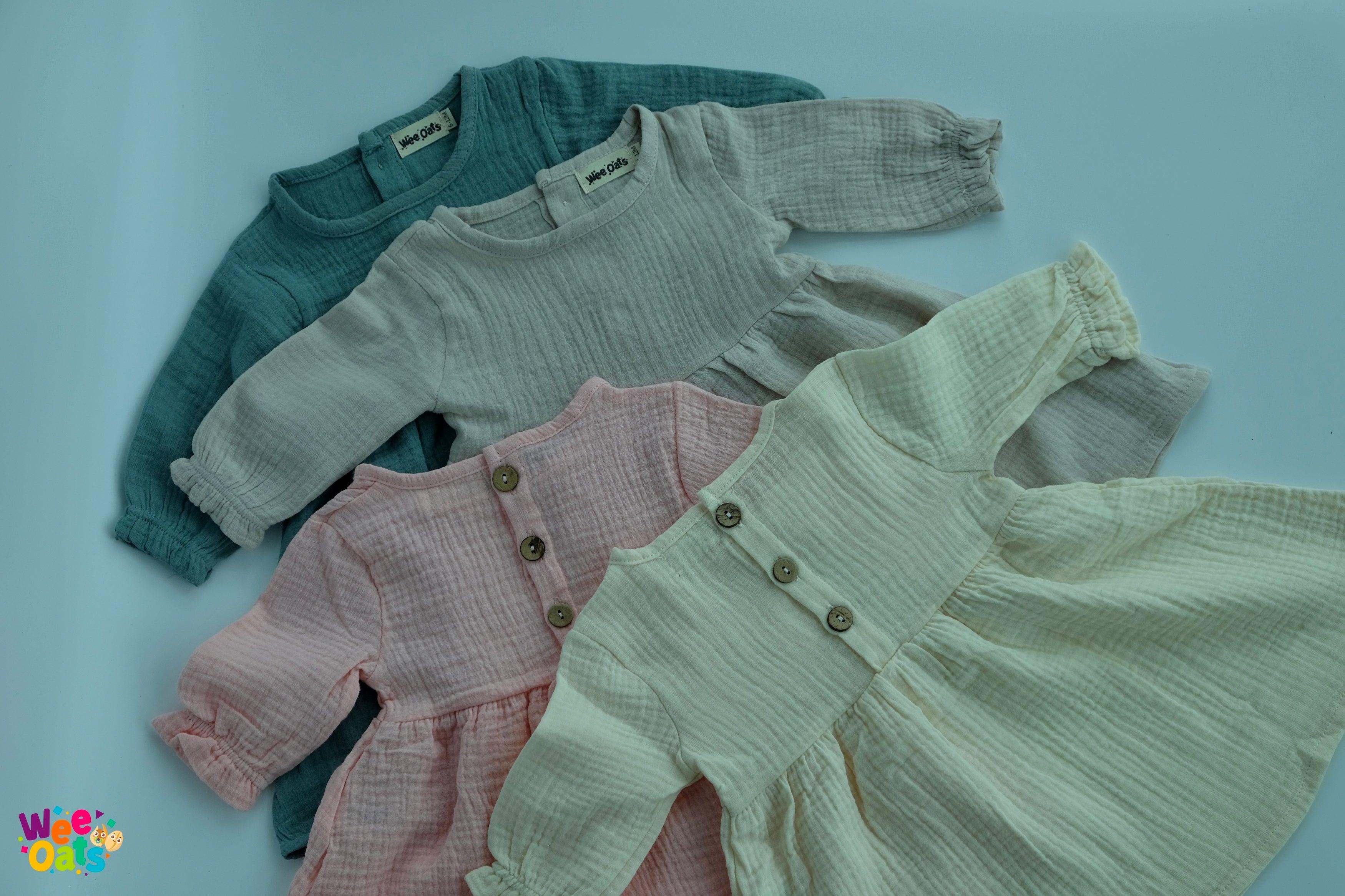 Wee Oats Gummy 100% Organic Cotton Muslin Cuffed Long-Sleeve Dress | The Nest Attachment Parenting Hub