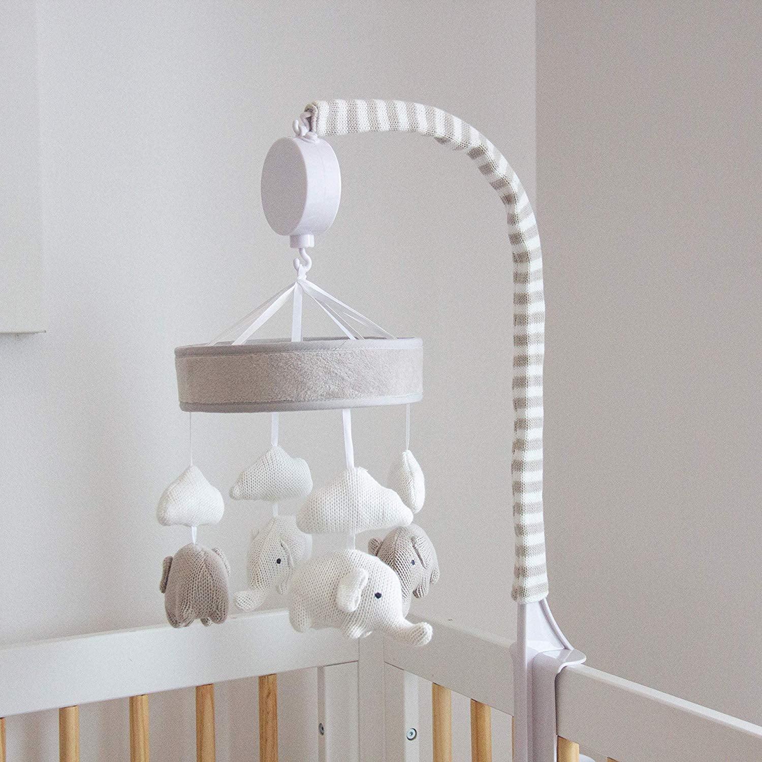 Living Textiles Knitted Musical Mobile - Grey/White Elephants | The Nest Attachment Parenting Hub